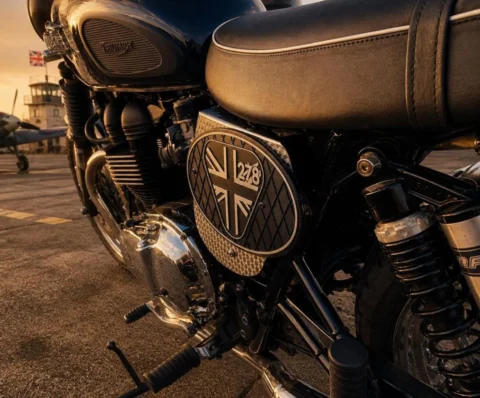 Lord Motor Customs side cover detail in warm light