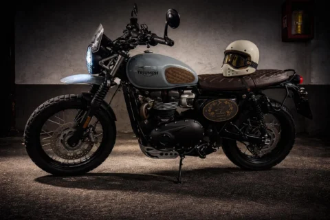 Triumph Street Scrambler photographed in workshop light