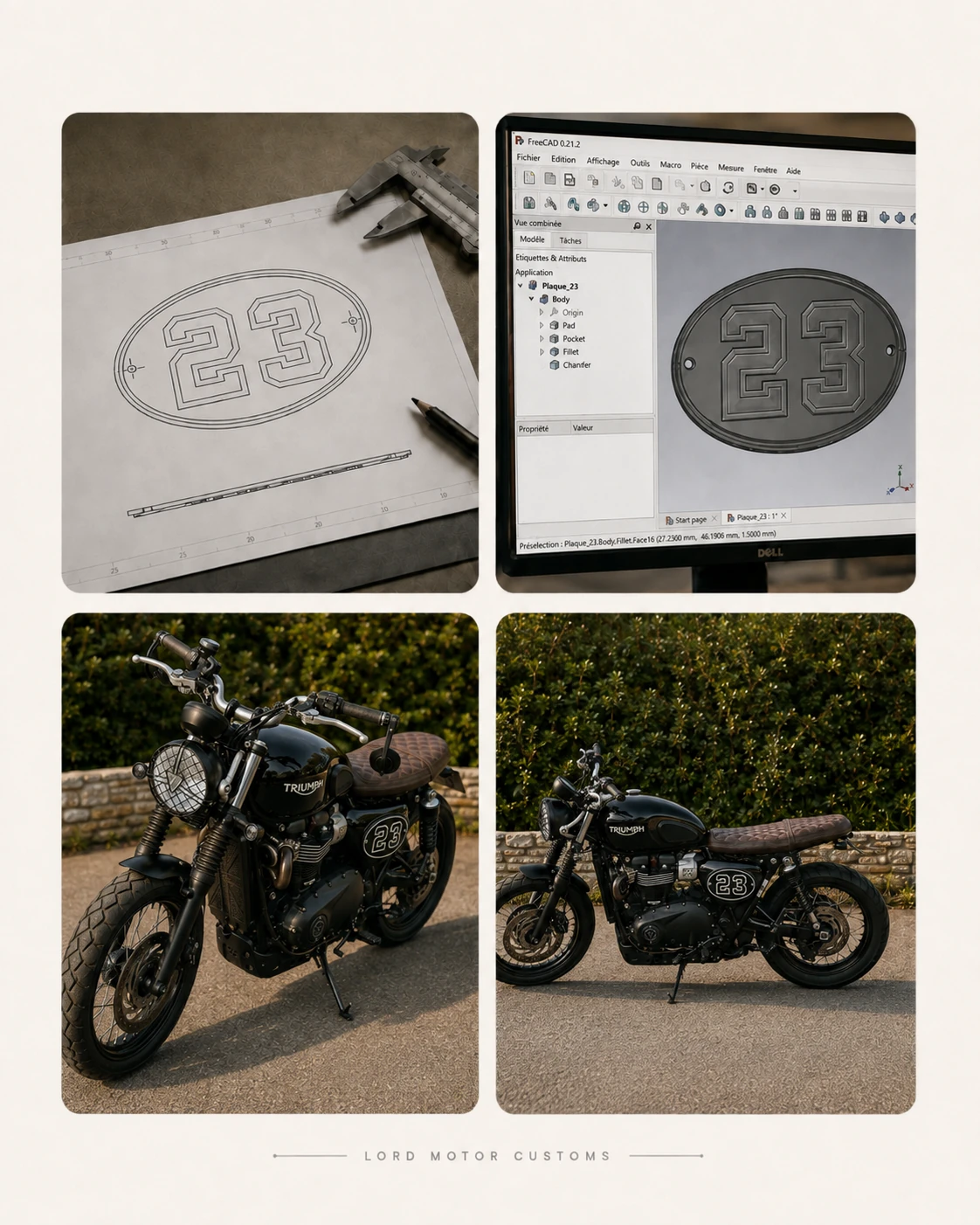 Lord Motor Customs design process and Triumph motorcycle with custom number 23 side cover